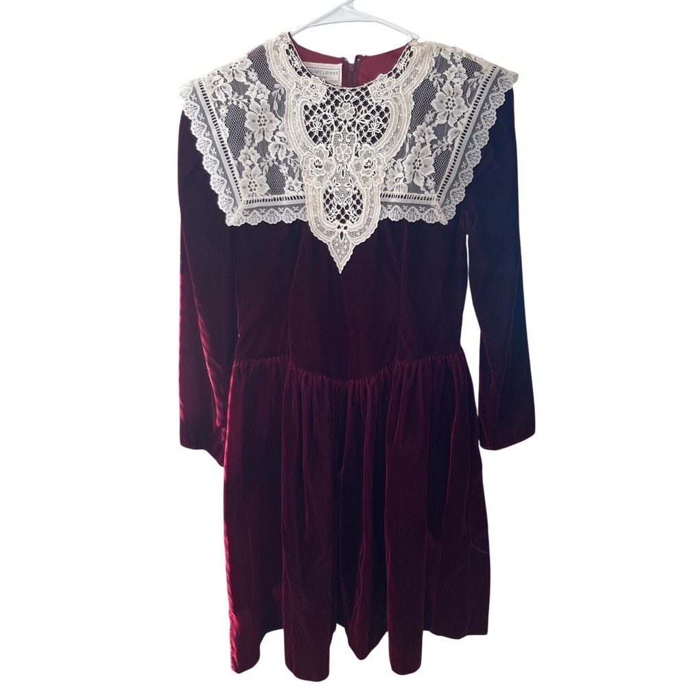 Jessica McClintocK Saxe Vintage Burgundy Velvet Lace Collar Preteen Dress Size 1